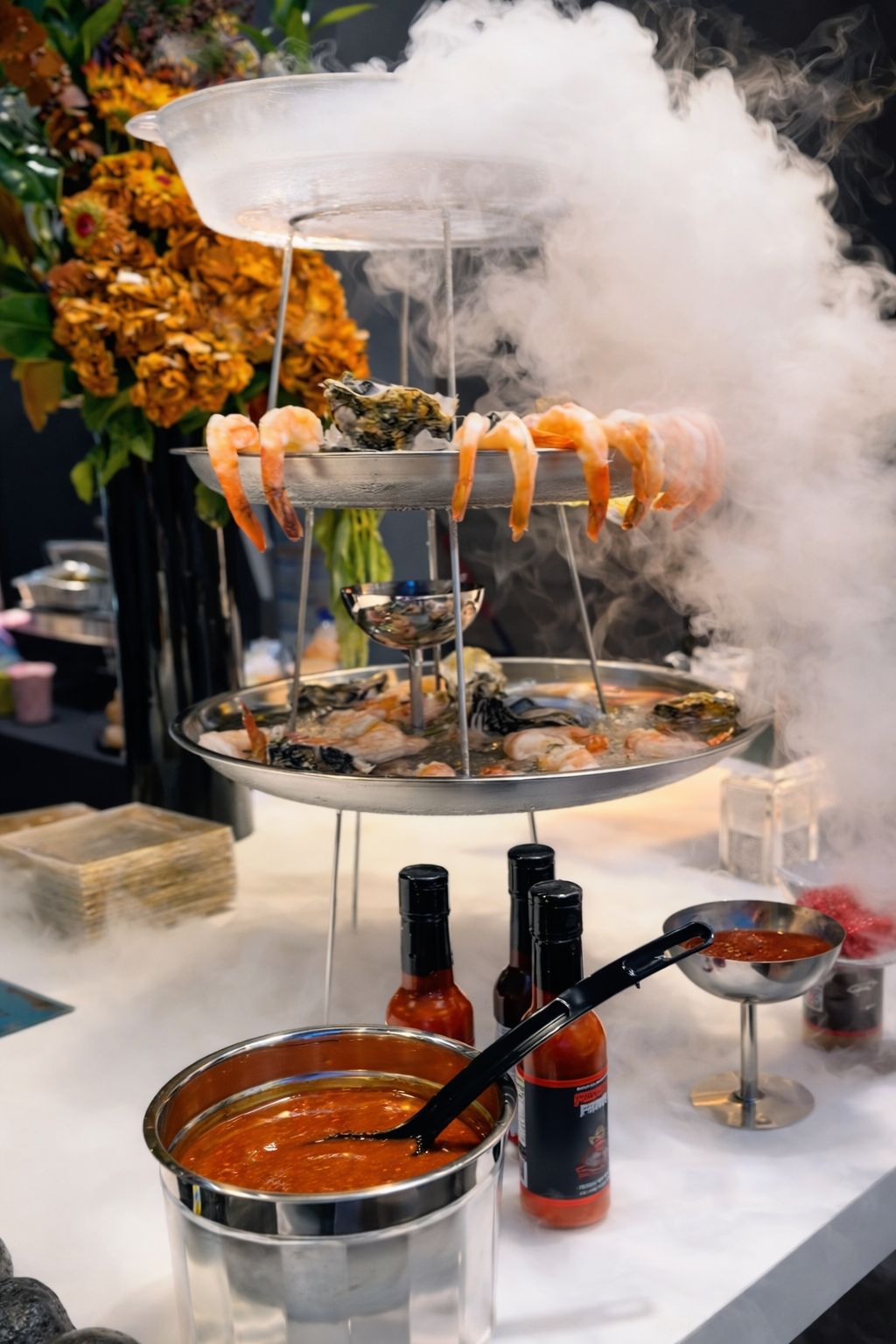 Presentación de mariscos con camarones, ostras y efecto de hielo seco